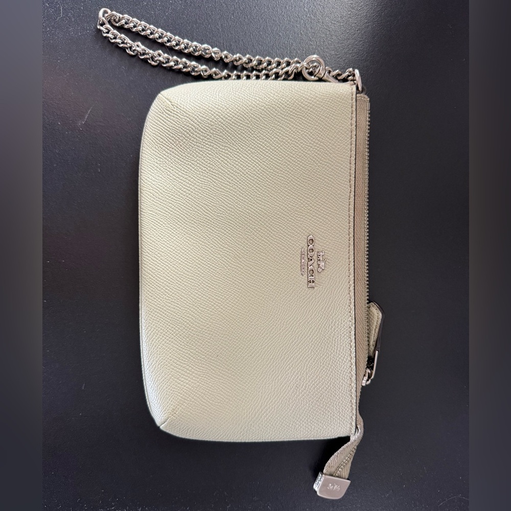 Large Coach Wristlet with chain, in a neutral green color